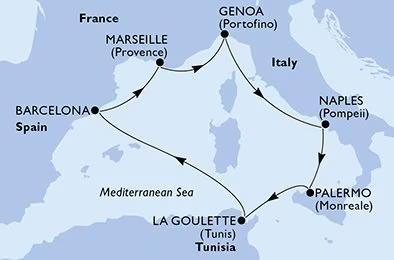 MSC FANTASIA<br>Itinerario Crociera:<br>ITALIA, TUNISIA, SPAGNA, FRANCIA